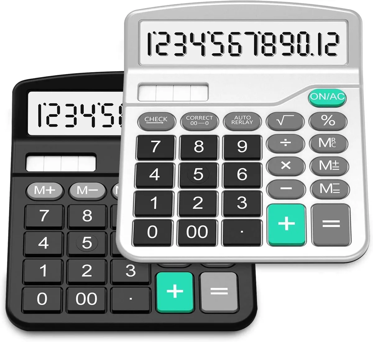 Two desktop calculators, one black and one silver, each with a 12-digit LCD display