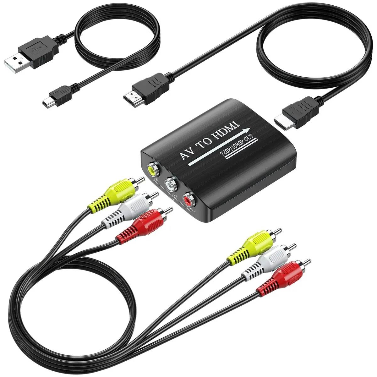 Small black converter box with attached RCA and HDMI cables