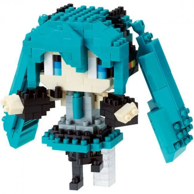 Tiny teal and black Hatsune Miku nanoblock figure standing 3.18 inches tall
