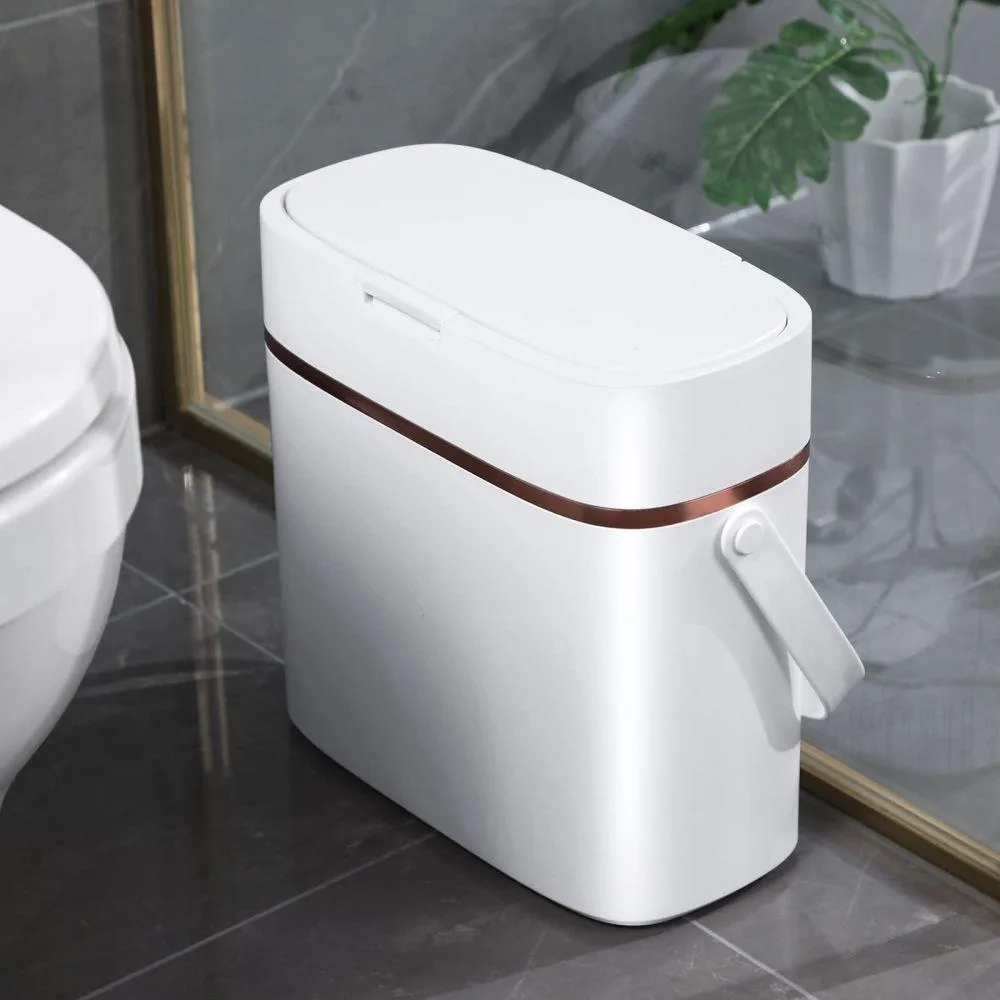 Slim white 3.6 gallon trash can with lid and handle