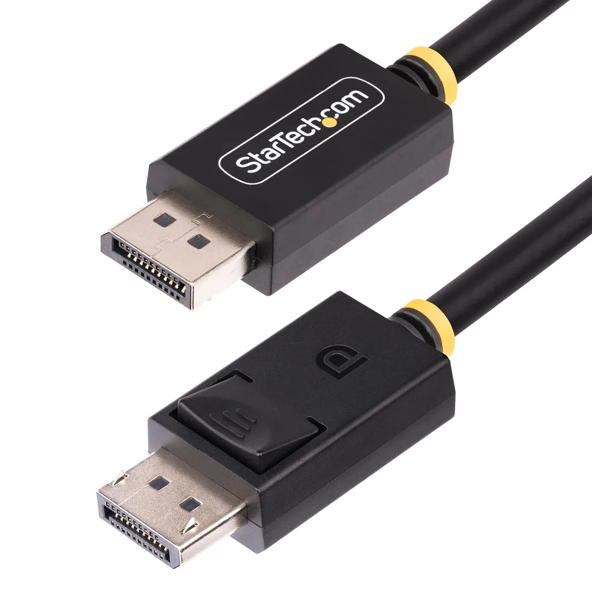 Black DisplayPort 2.1 cable with latching connectors, 6ft length, flexible TPE jacket