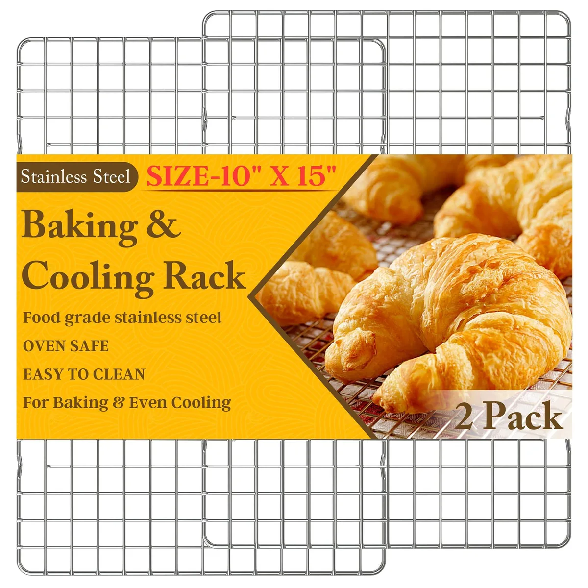 Two silver stainless steel cooling racks 10 by 15 inches with raised feet