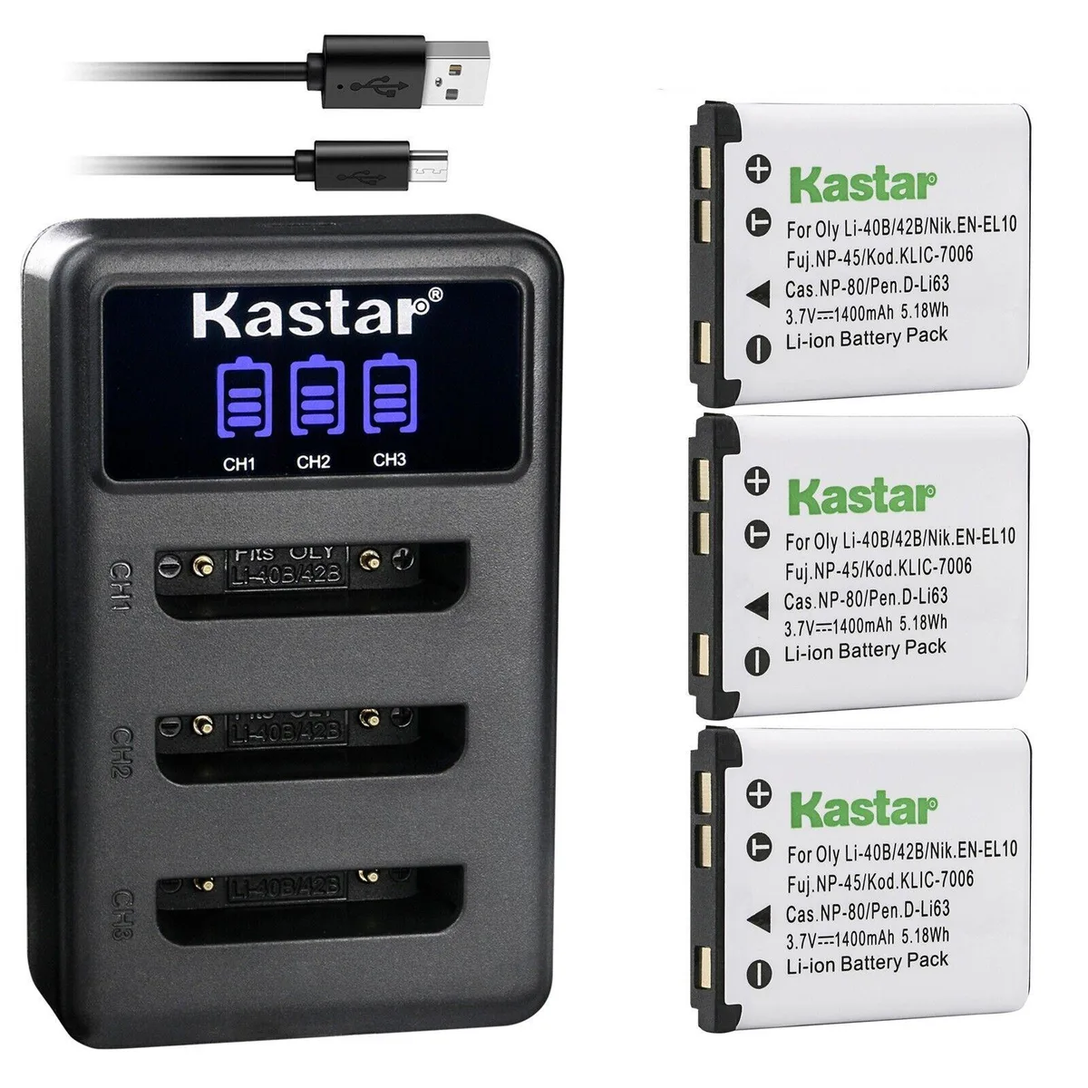 Kastar Kastar LED3 3-pack Li-Ion 1400mAh 3.7V camera battery with LCD triple USB charger — product photo