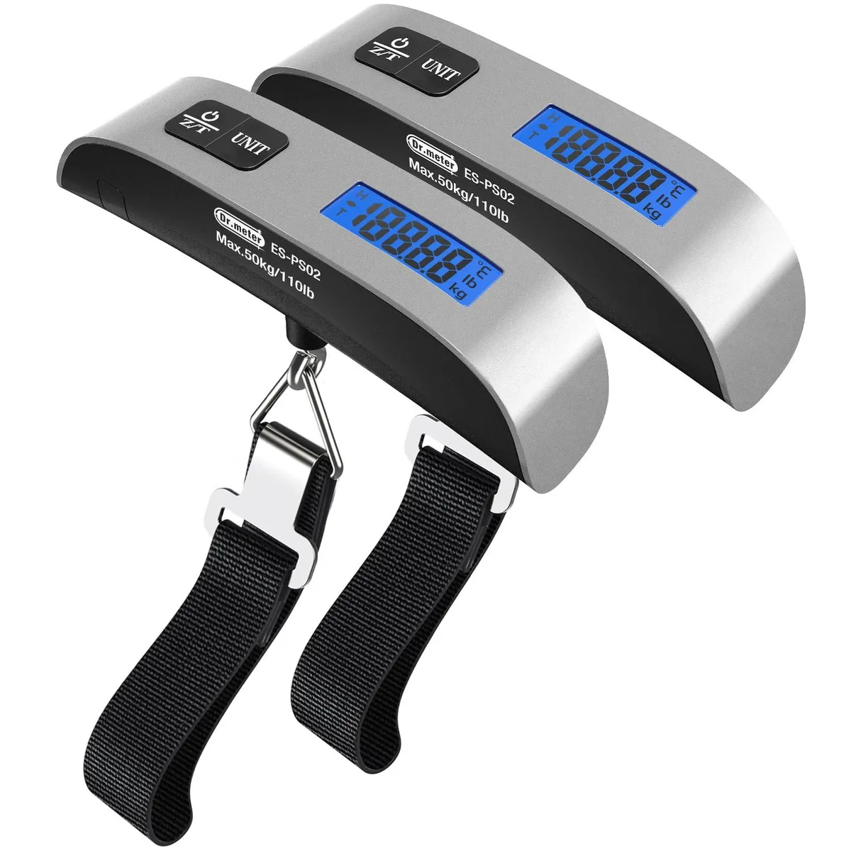 Two compact grey handheld luggage scales with backlit LCD screens and rubberised finish