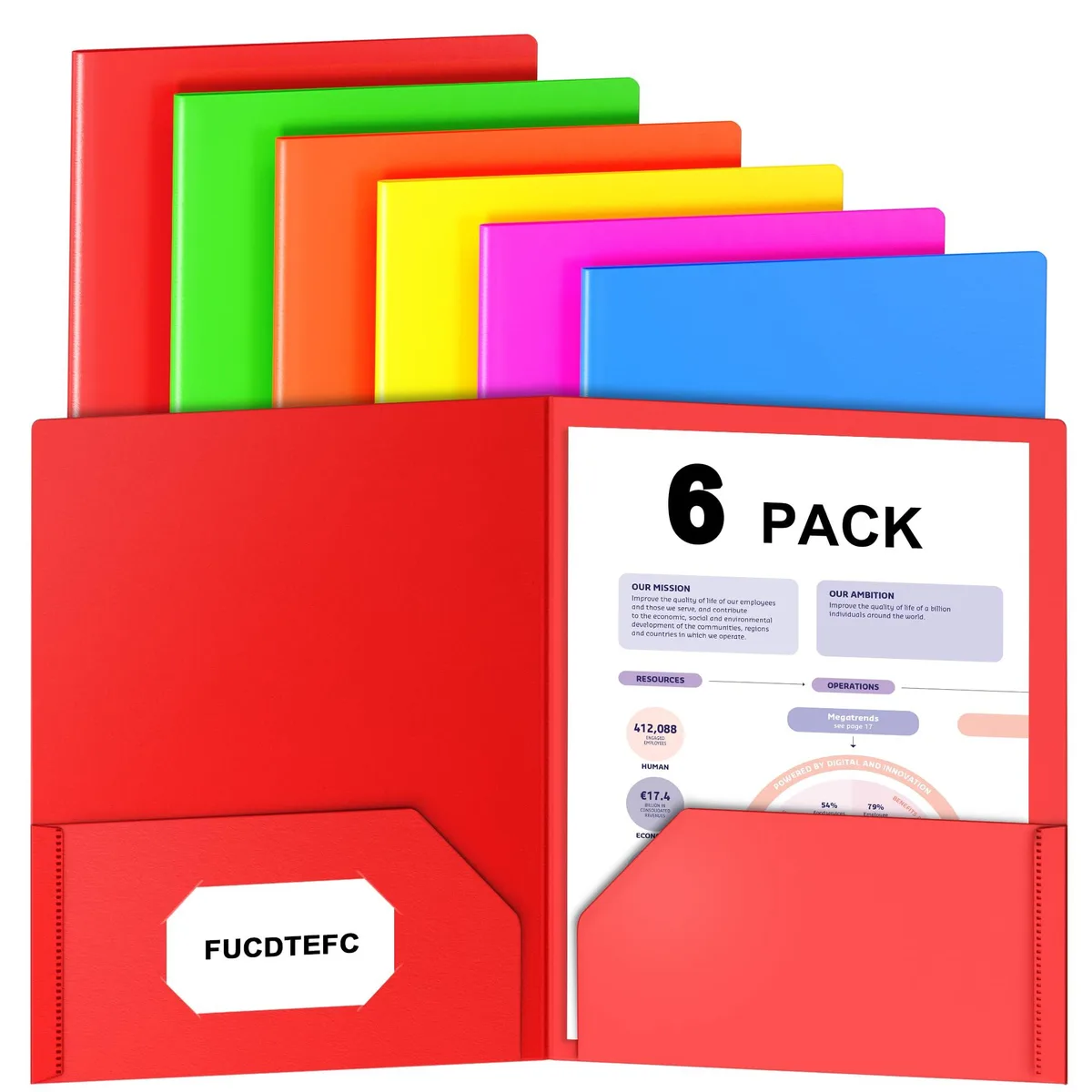 Six assorted-colour plastic two-pocket folders in a pack