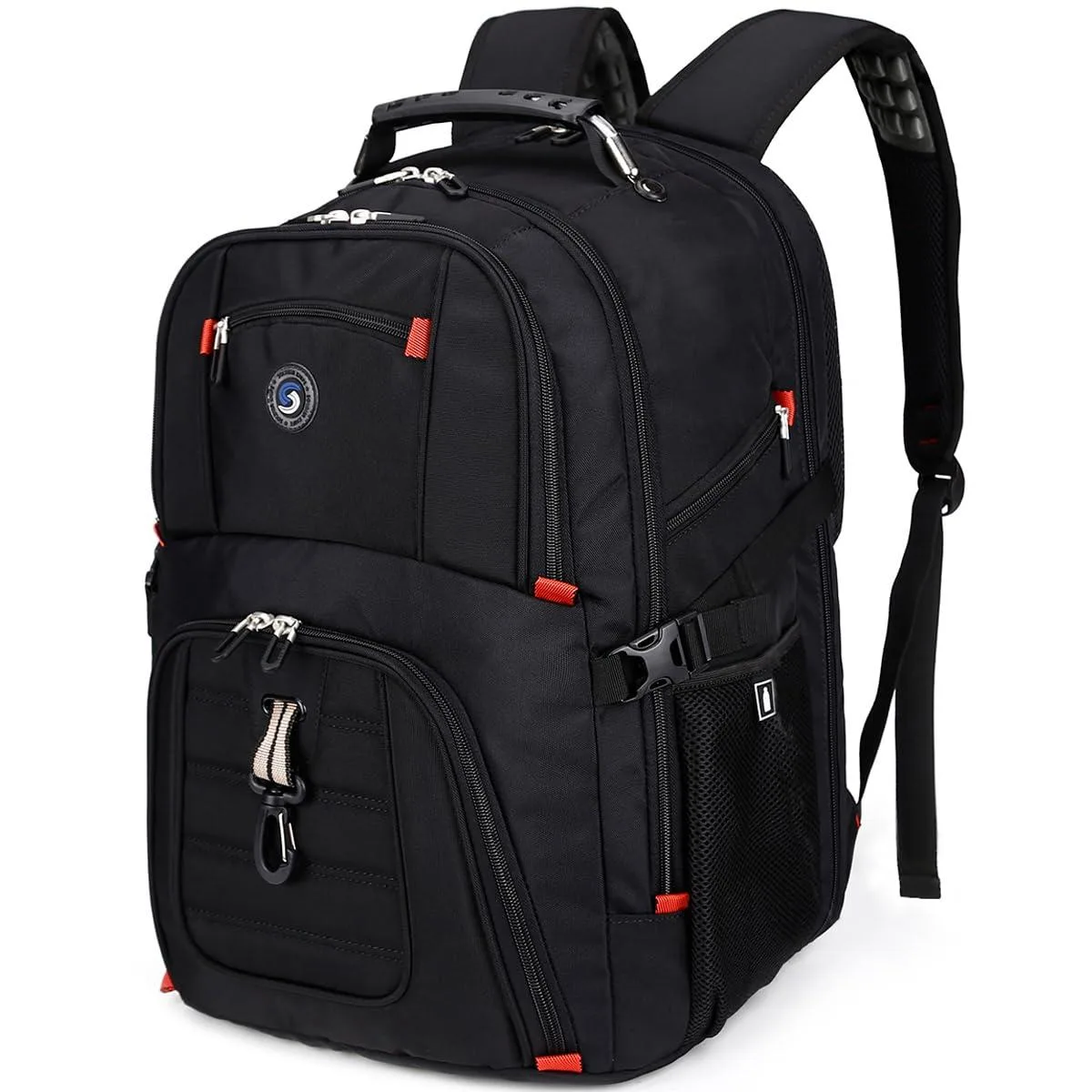 Black faux leather 50L travel laptop backpack with combination lock, fits 17 inch computer
