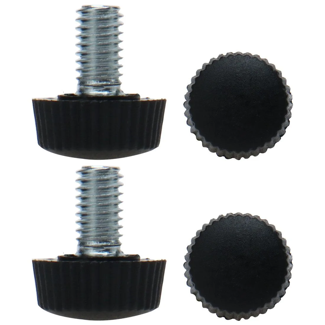 Four black plastic leveling feet with threaded metal stems