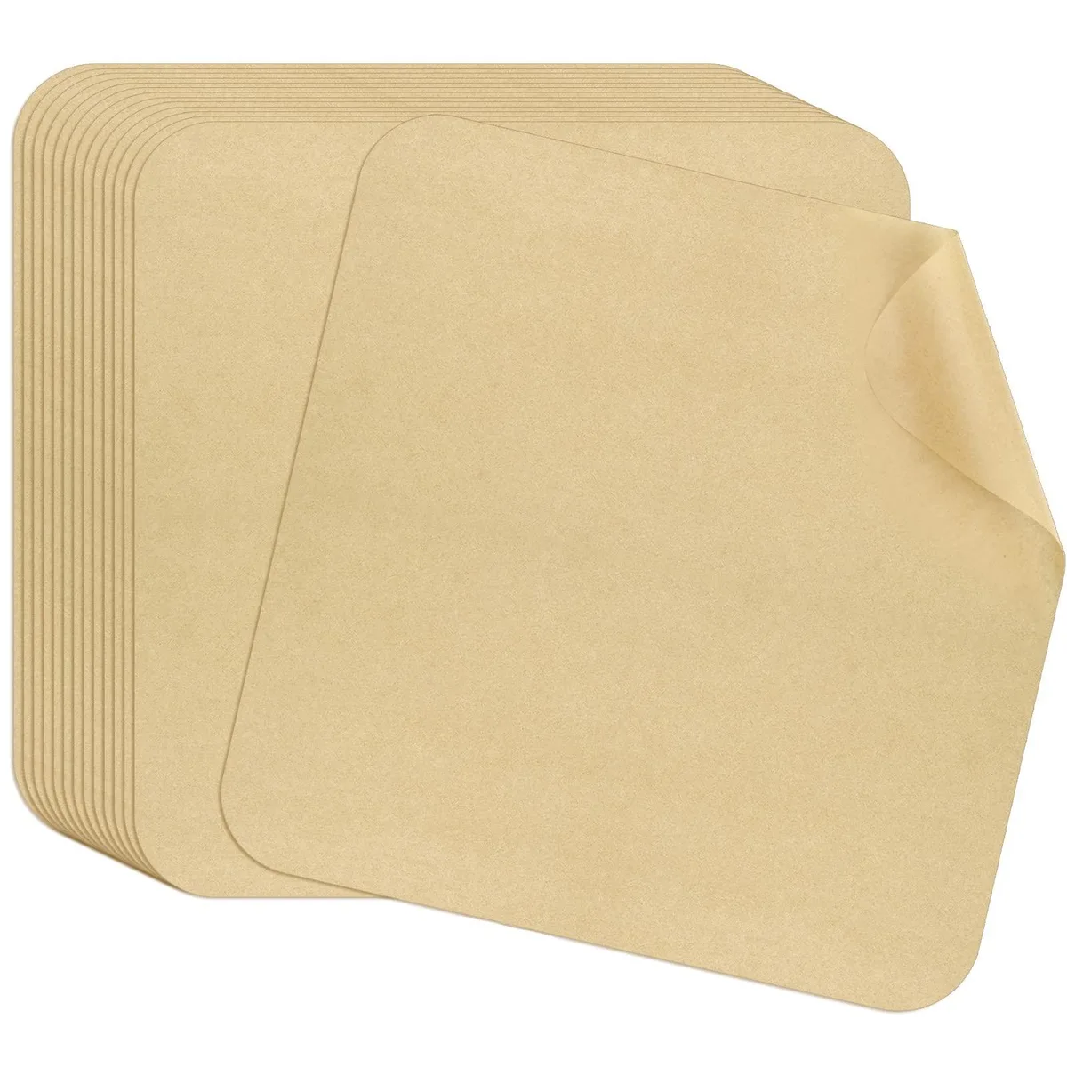 A stack of 100 unbleached parchment sheets, 12 inch square with oval corners, .349 kg