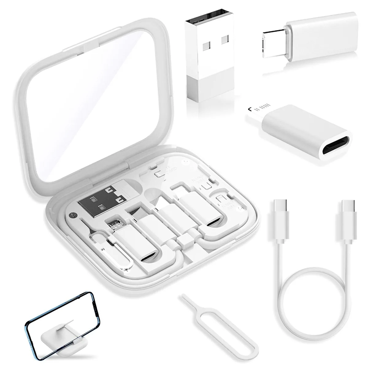 White rectangular case with built-in mirror, USB-C cable and adapters inside