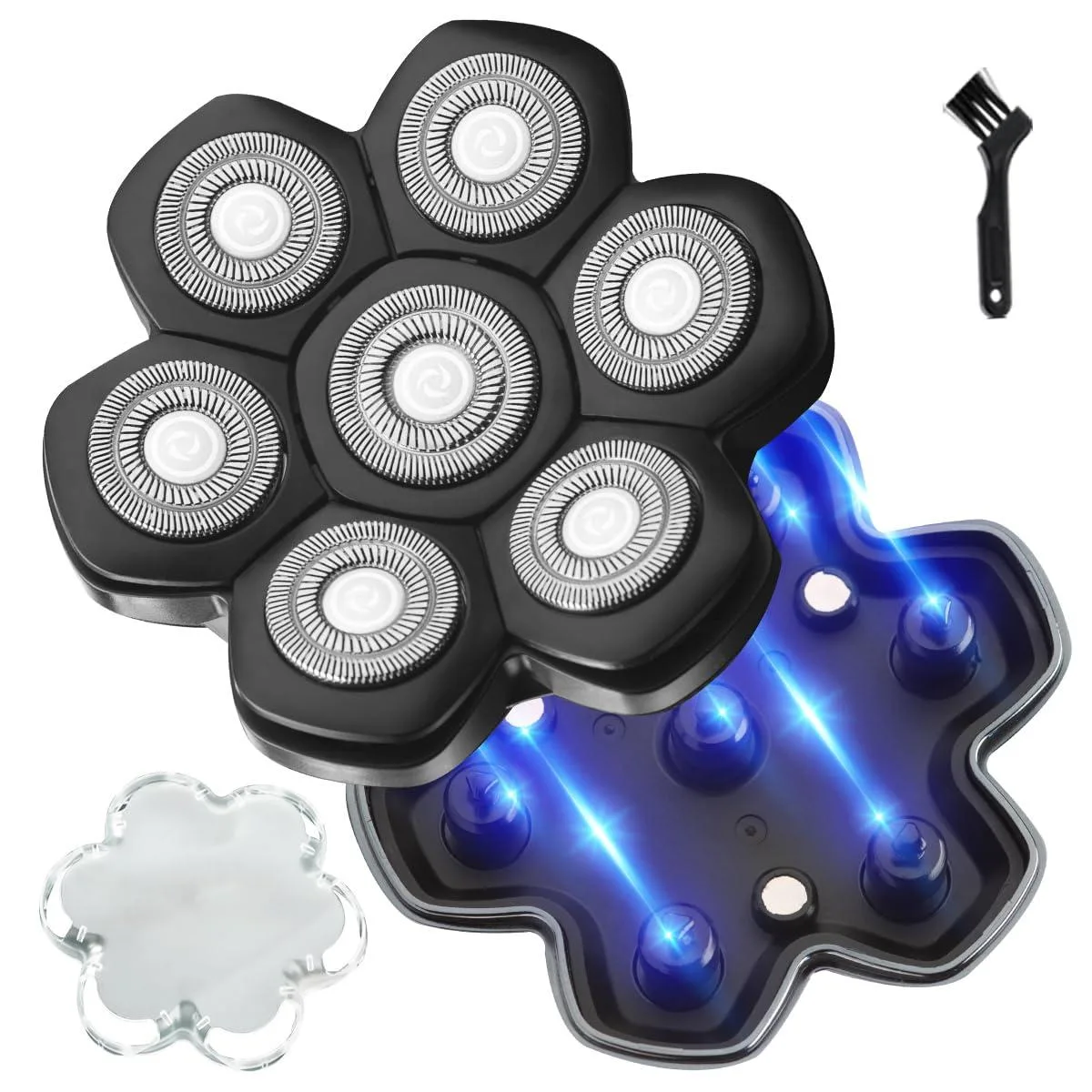 Black magnetic shaver head with seven floating blades and protective cover