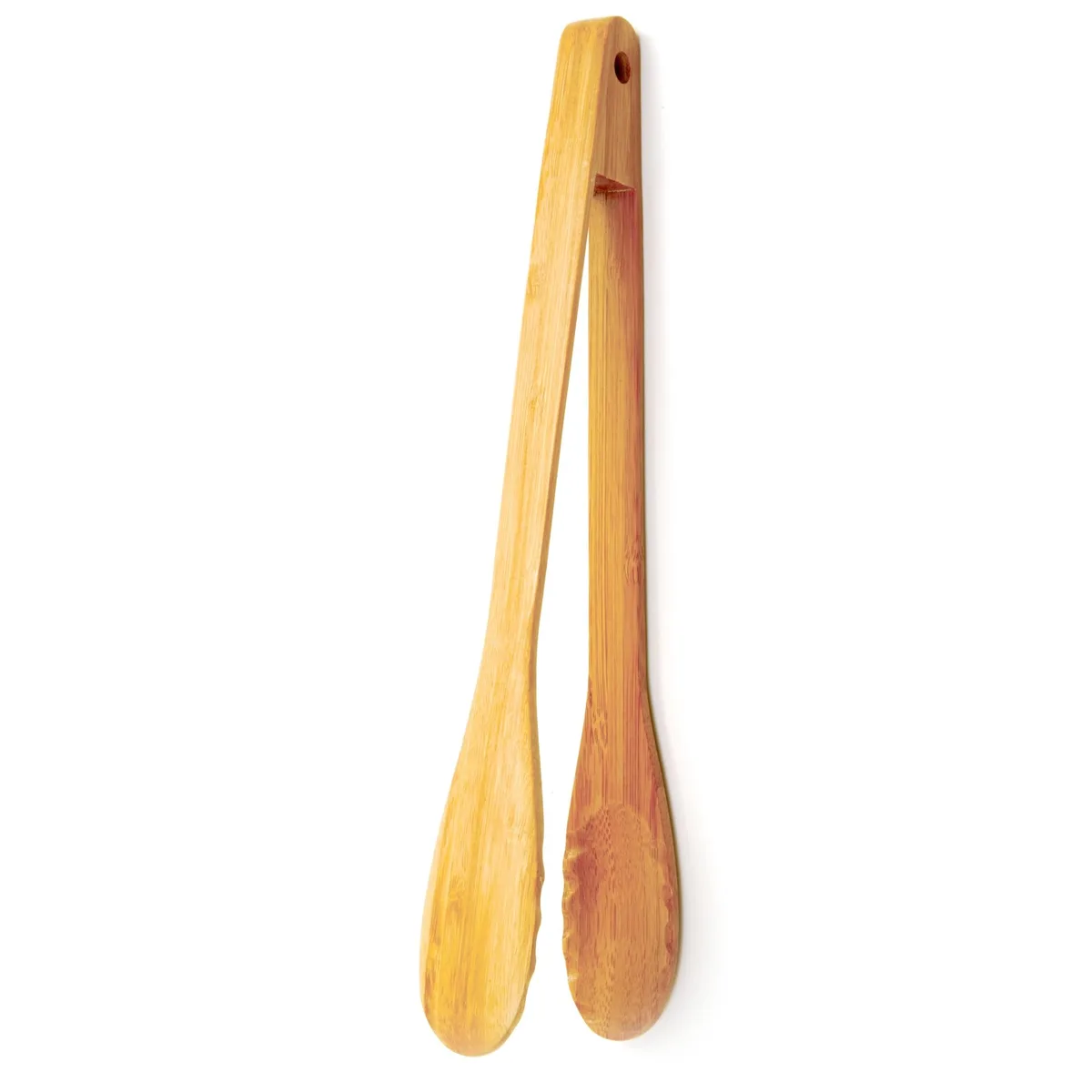 Light brown bamboo tongs, rectangular tips, twelve inches long