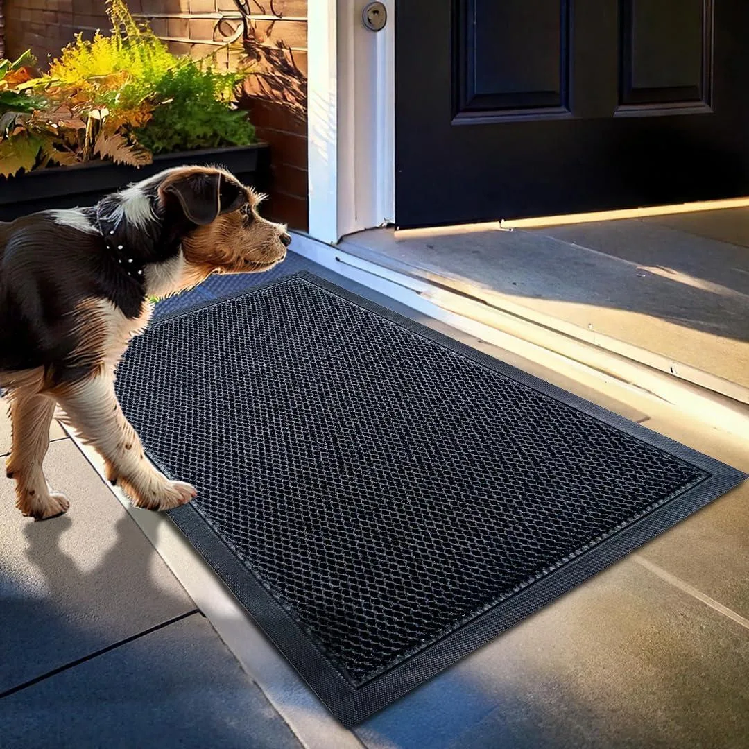 Black 3D mesh door mat, low-profile, 17 by 30 inches
