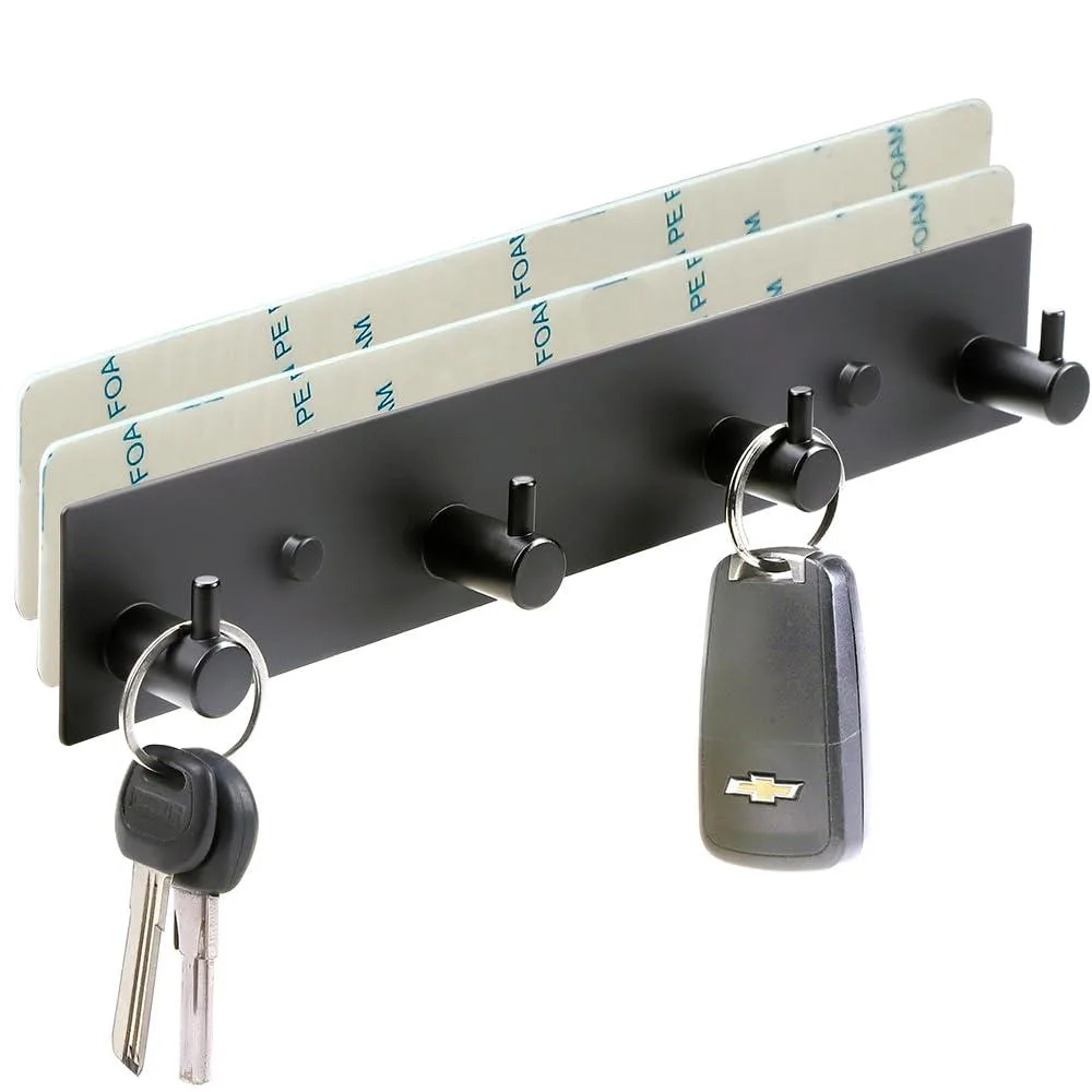 Stainless steel wall key rack with four hooks and two adhesive strips