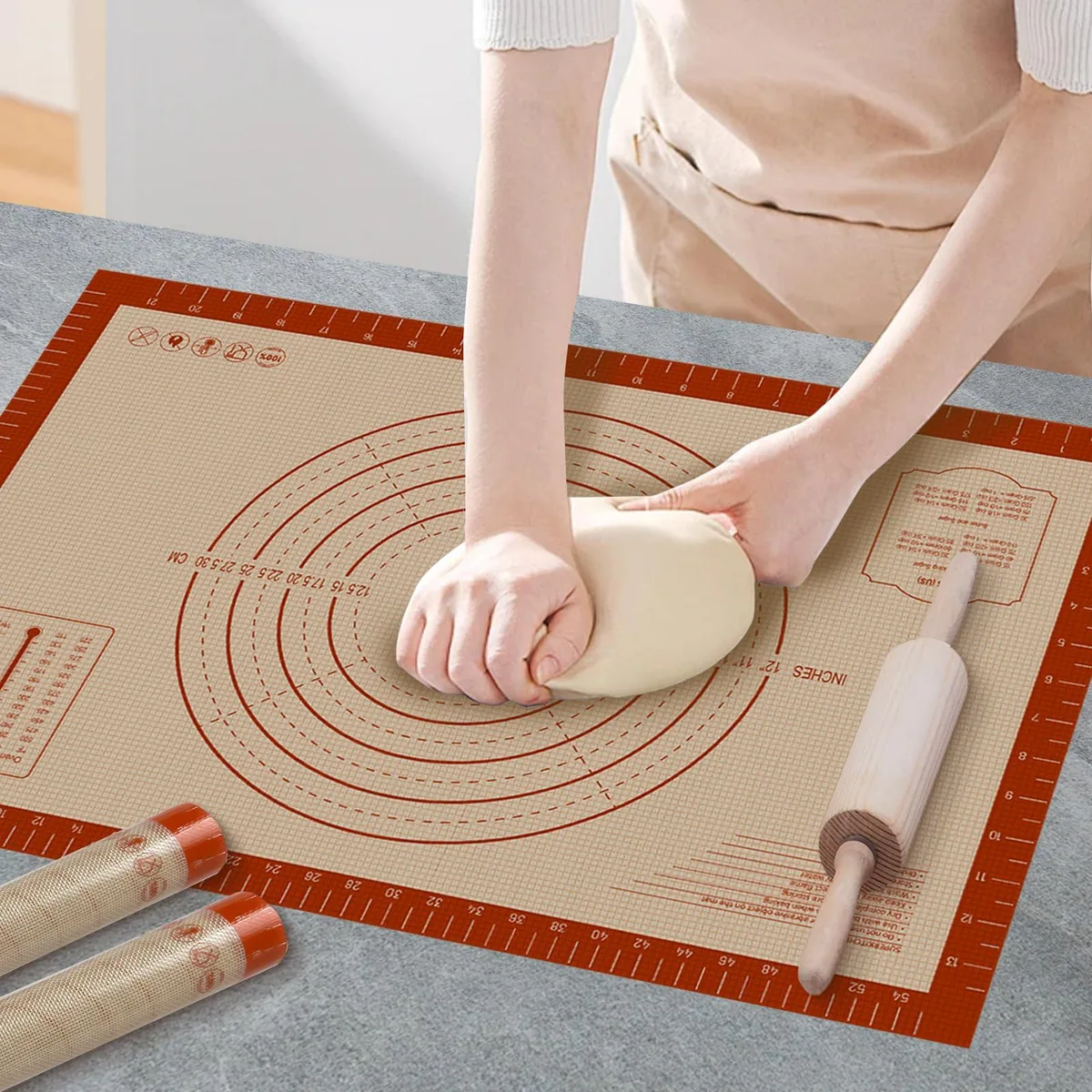 Rectangular 24 by 16 inch silicone baking mat with printed measurement guides, pale translucent finish, 0.7 mm thick