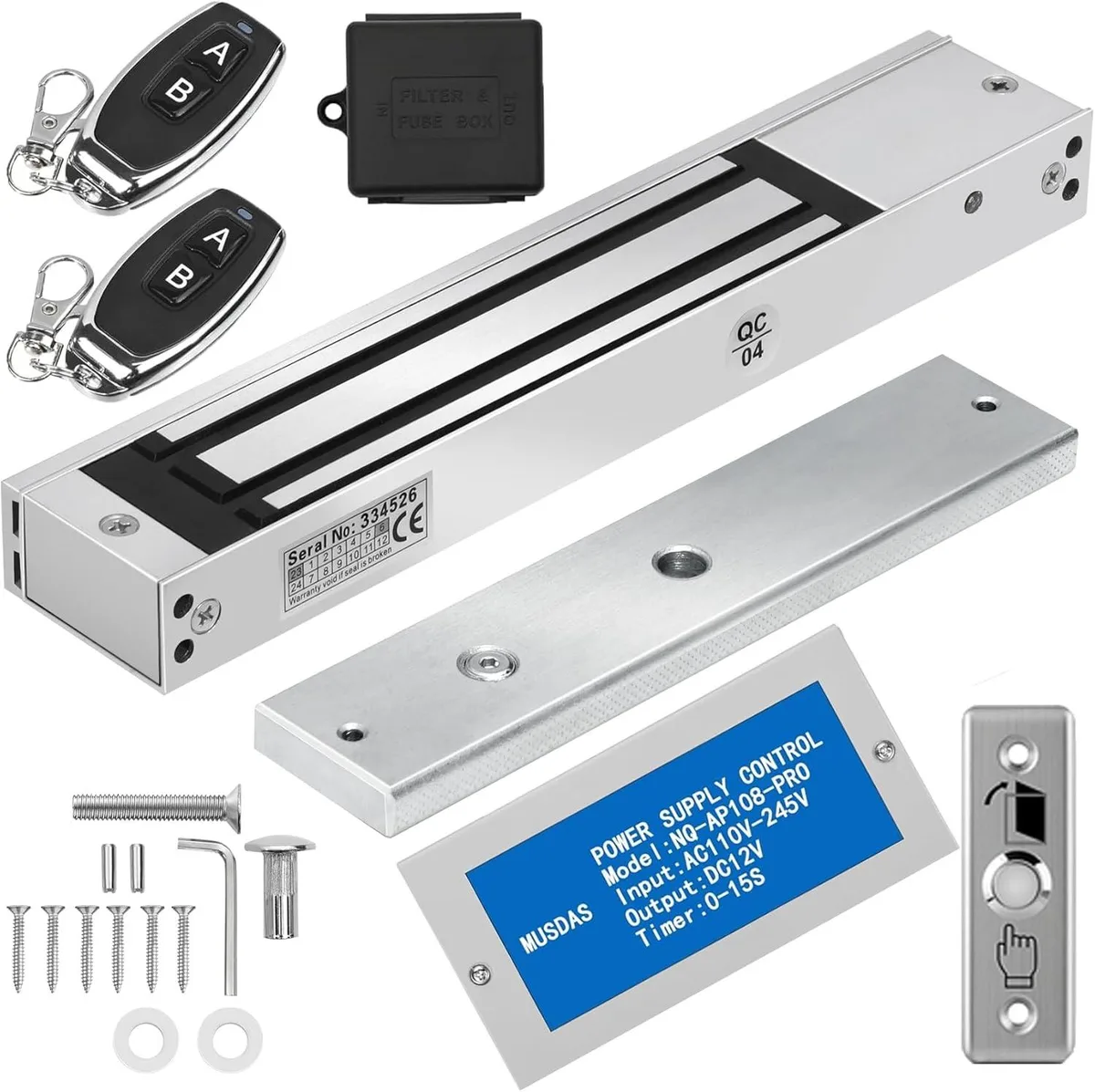 Silver aluminium electromagnetic lock body with mounting bracket and two black remote controls