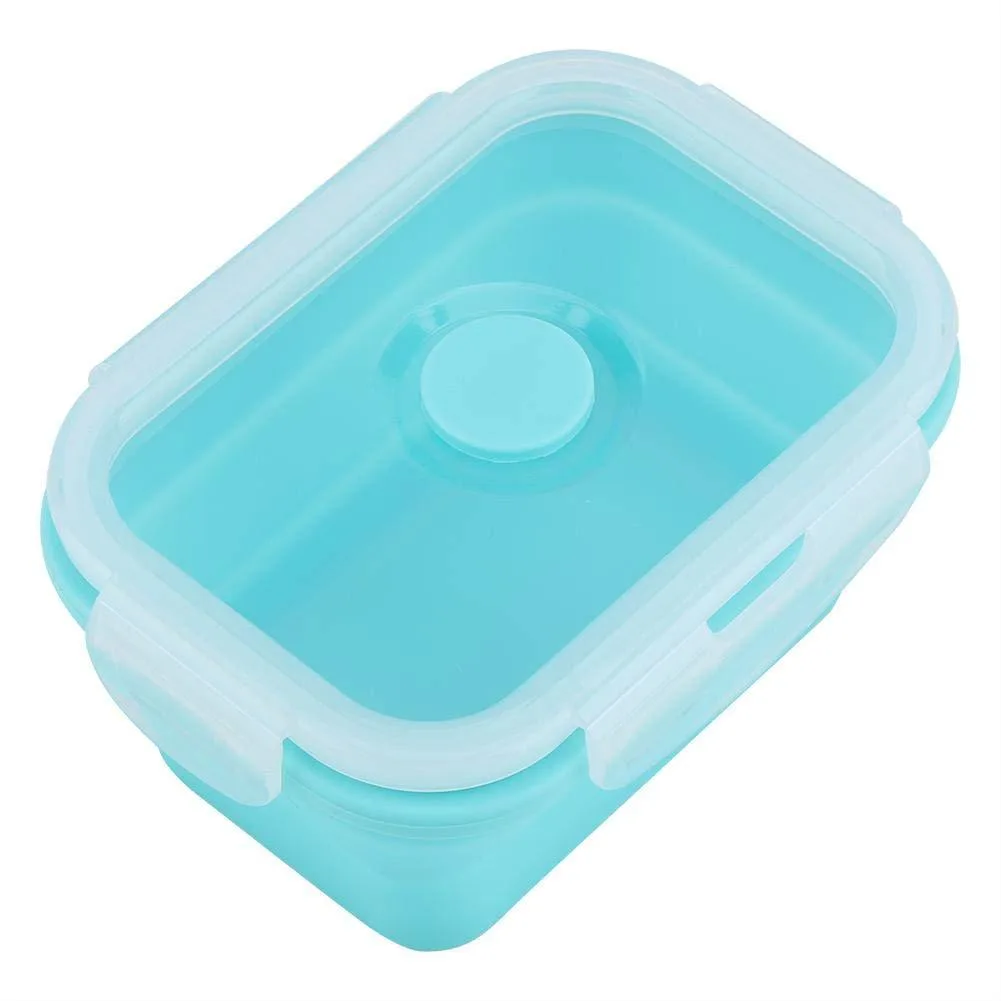 Green collapsible silicone food container, folded flat to 13.5 by 10 by 3 centimetres