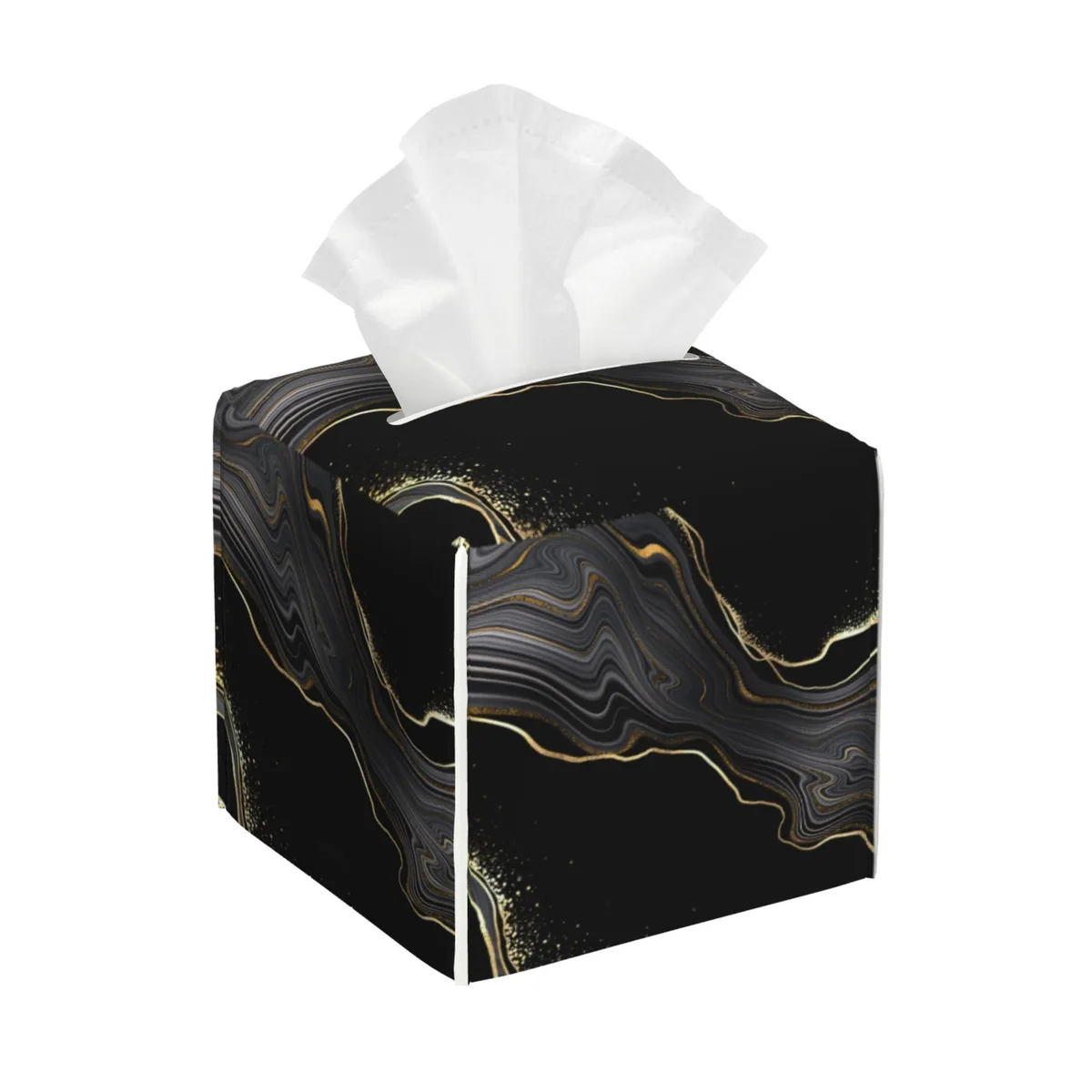 Square leather tissue box cover in black with gold marble pattern, 5.2 inches on each side, Velcro base opening