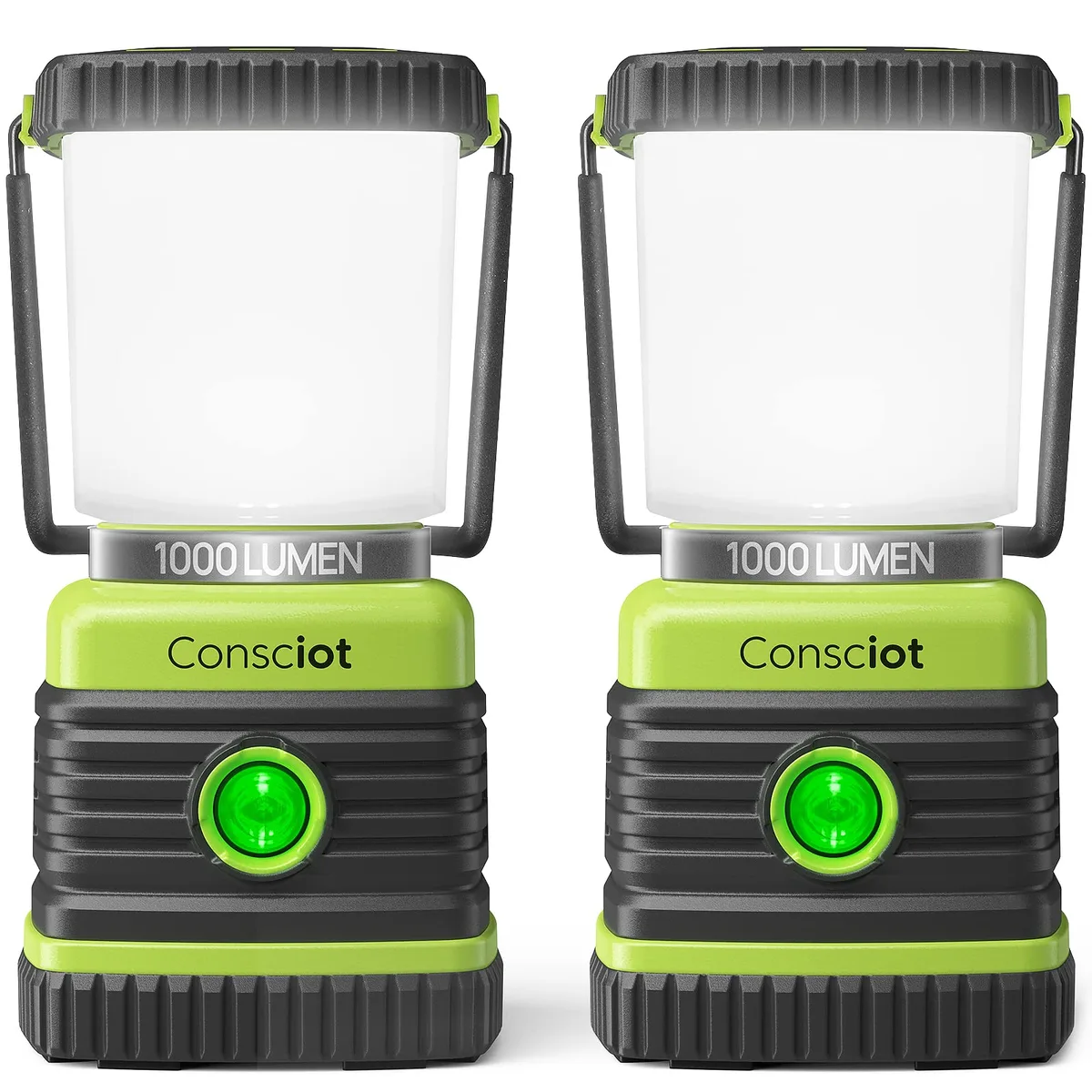 Two cylindrical green lanterns with top handles and bottom hooks, translucent diffuser caps, rubberised bases, standing side by side