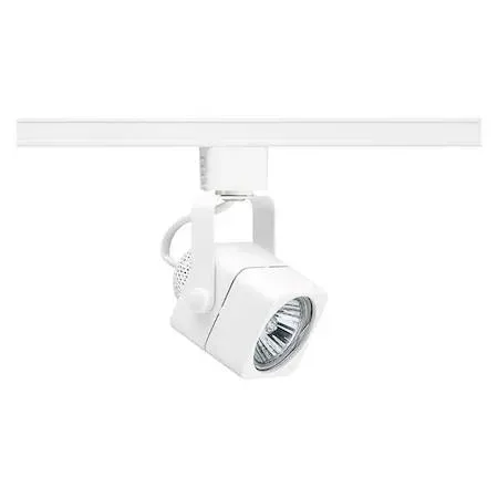 White cube-shaped gimbaled track head steel housing 2 1/4in diameter 3 1/4in length GU10 base 358-degree rotation 90-degree aim