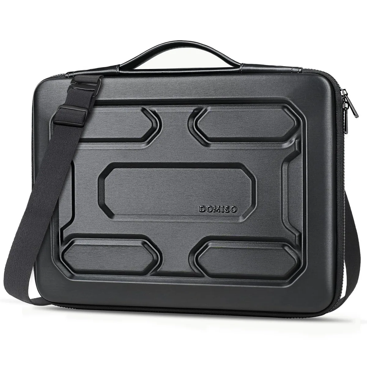 Black rectangular EVA laptop sleeve with flip lid and shoulder strap