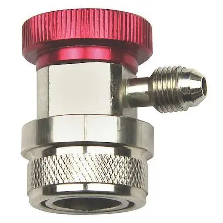 Red metal quick-coupler fitting with silver steel body