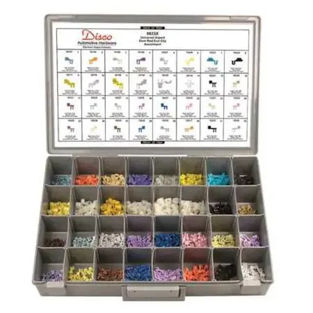 Clear plastic compartment box holding 425 nylon door lock rod end clips for Nissan vehicles