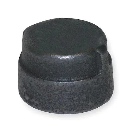 A 2 inch malleable iron threaded pipe cap in dark metal finish