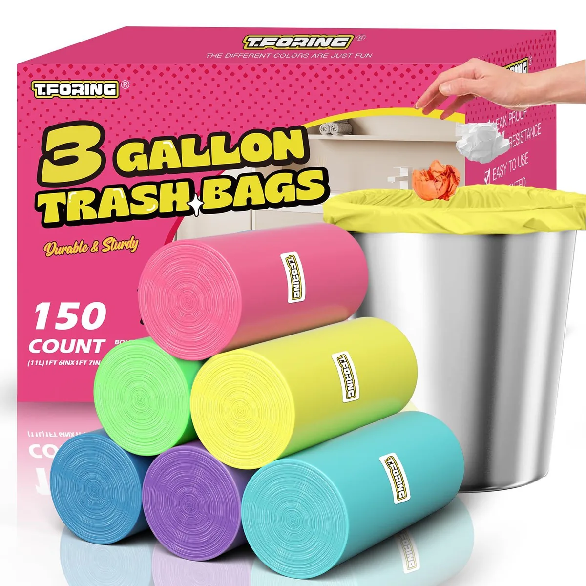  T.FORING 3 Gallon Trash Bags Colored 0.78 Mil 150 Count — product photo