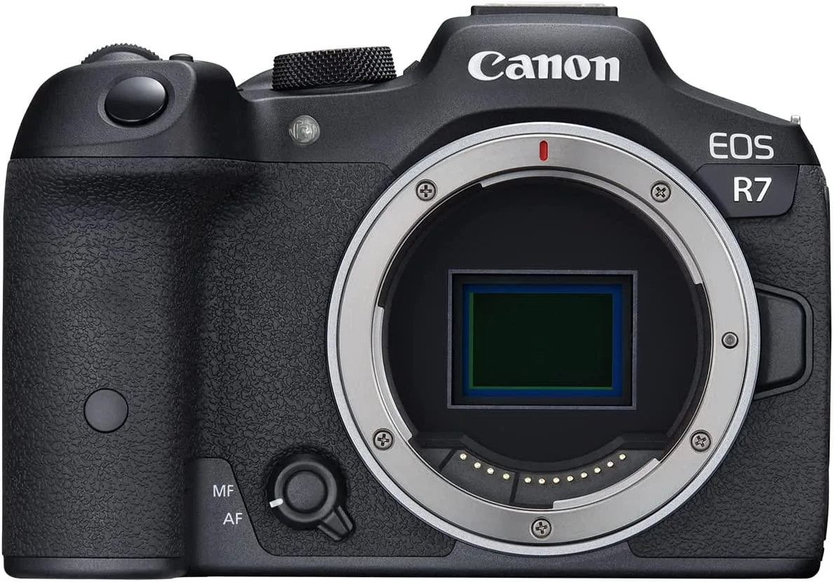 Black compact mirrorless camera body with electronic viewfinder and grip