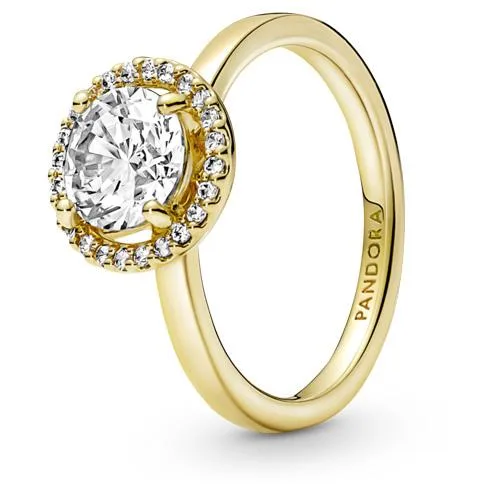 Gold-plated silver ring with round centre stone and cubic zirconia halo