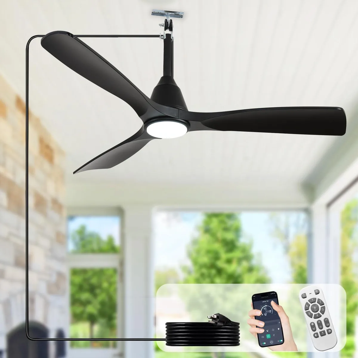 Silver 42 inch outdoor ceiling fan with five silver blades and 16 foot plug-in cable