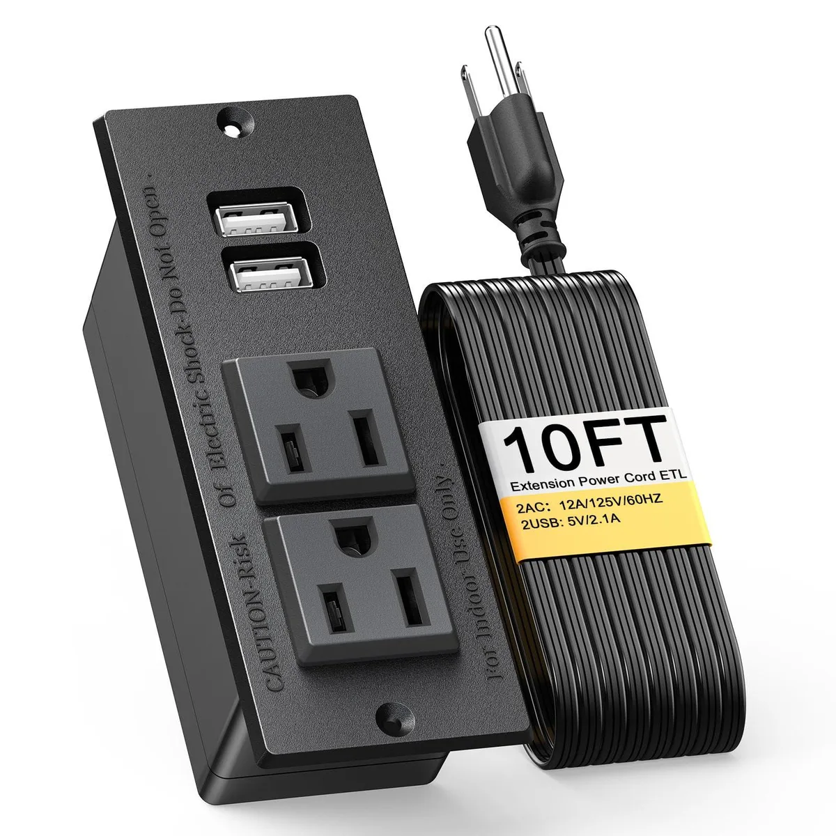 Kungfuking 2-Socket 2-USB Recessed Power Strip 10ft Cord — product photo