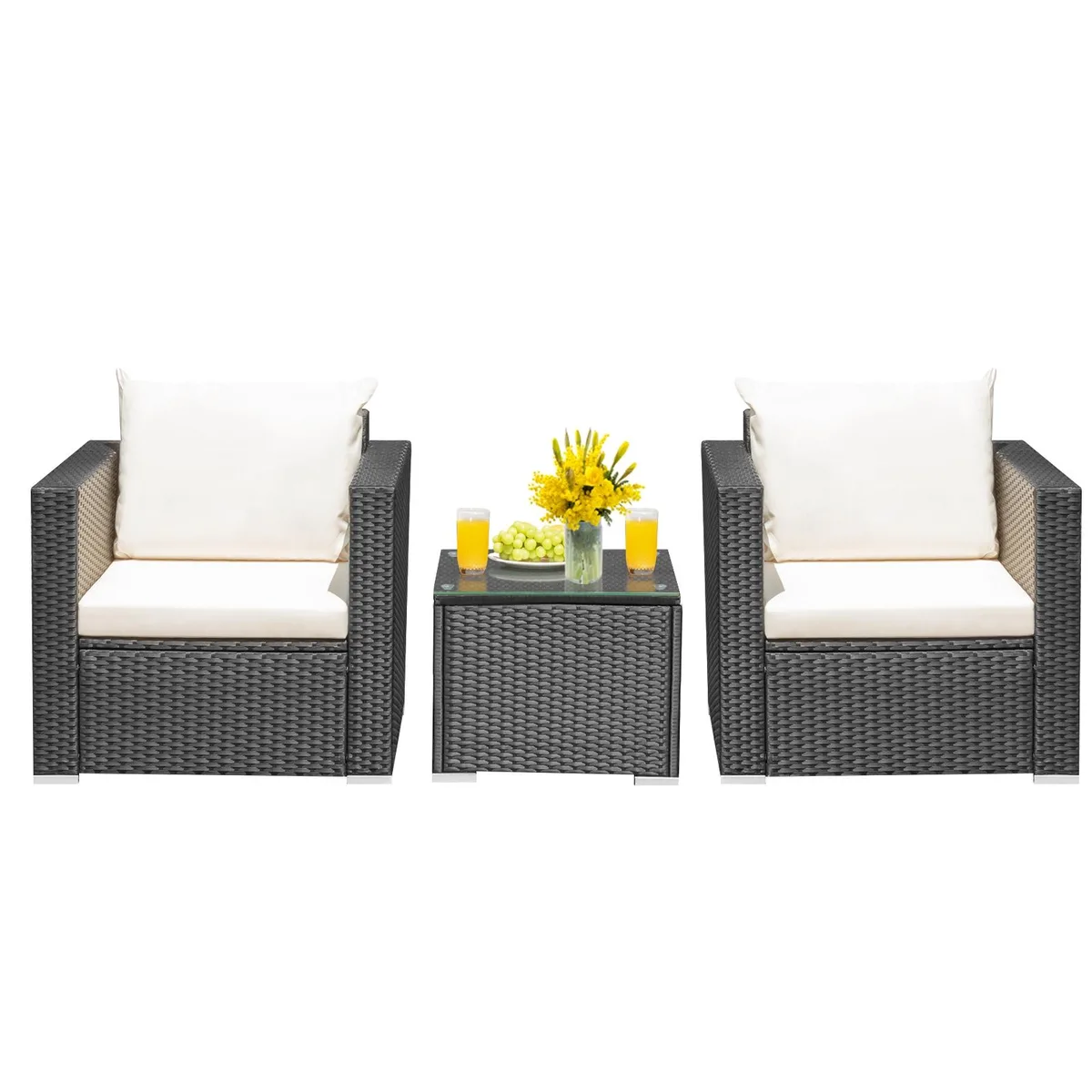 SlickBlue SlickBlue 3-Piece Patio Wicker Conversation Set White/Black with Cushions — product photo