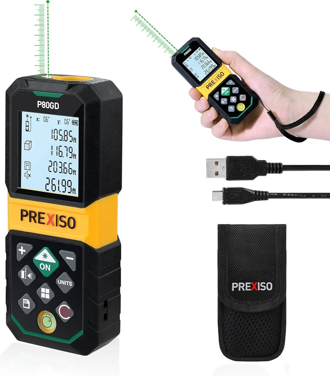 Green laser distance measure with angle sensor and threaded mount