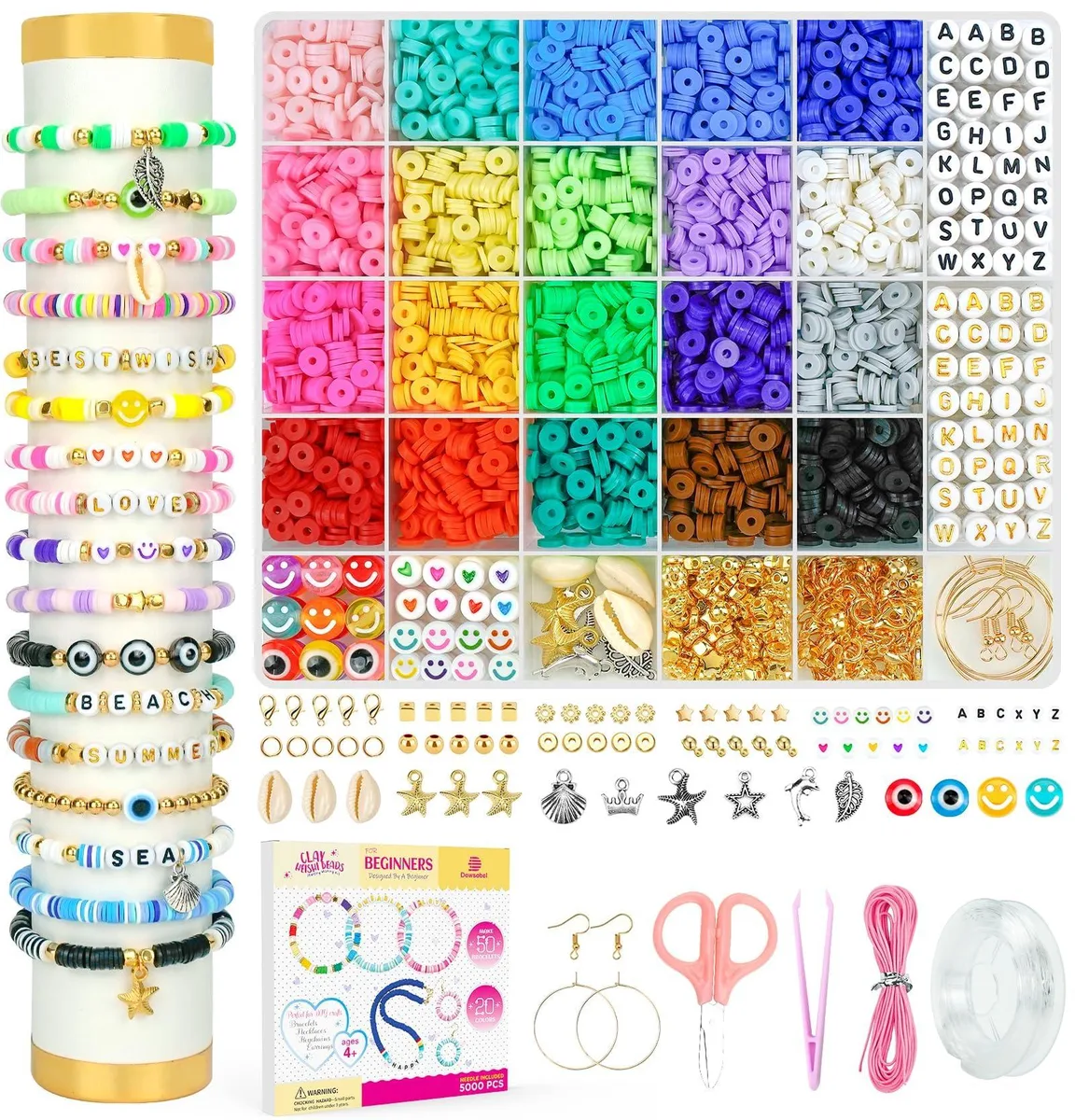 Clear plastic box filled with thousands of colourful flat clay beads and assorted metal charms