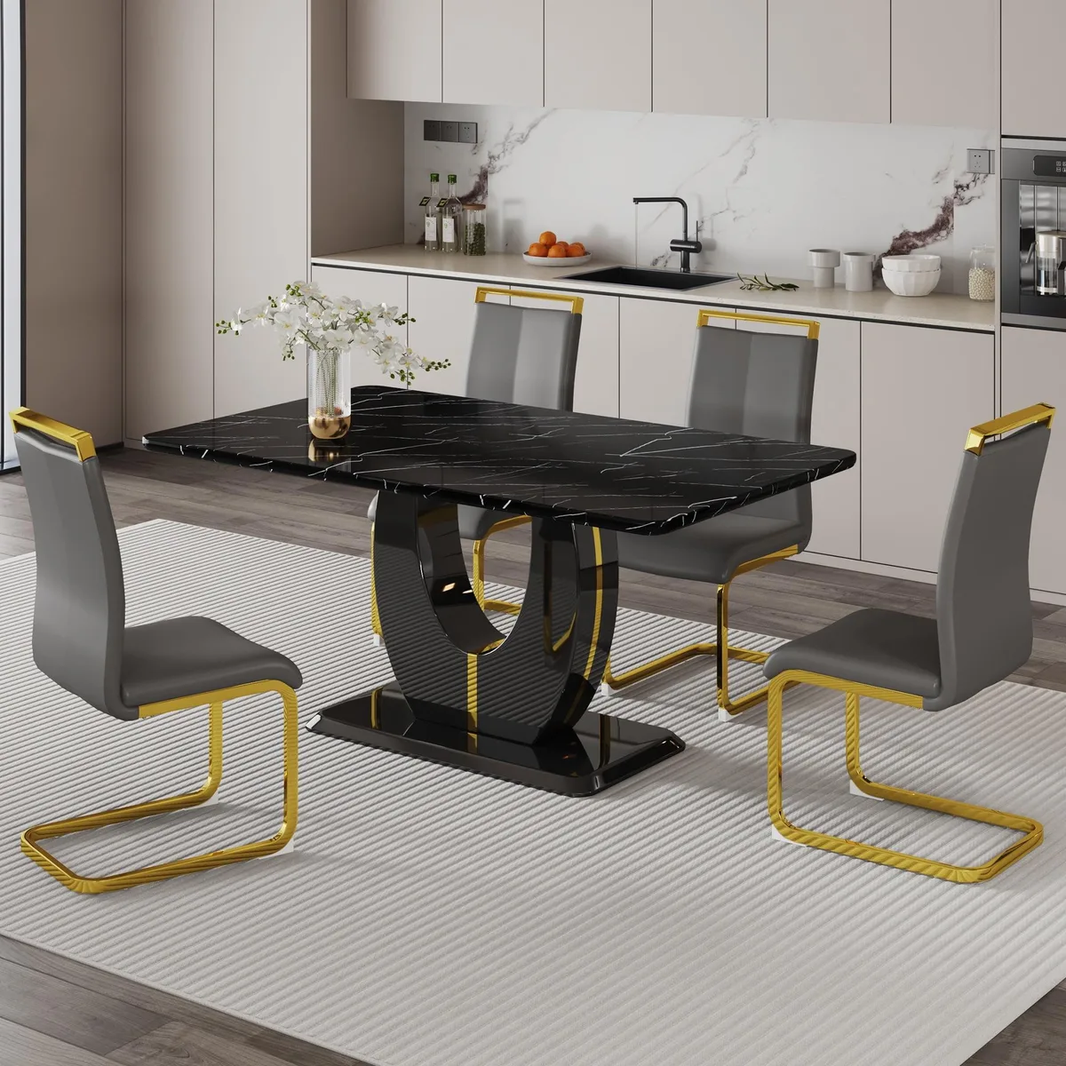 Sumdeal Sumdeal 63" Faux Marble Dining Set 5 Piece Black Table 4 Gray Chairs Golden Legs — product photo
