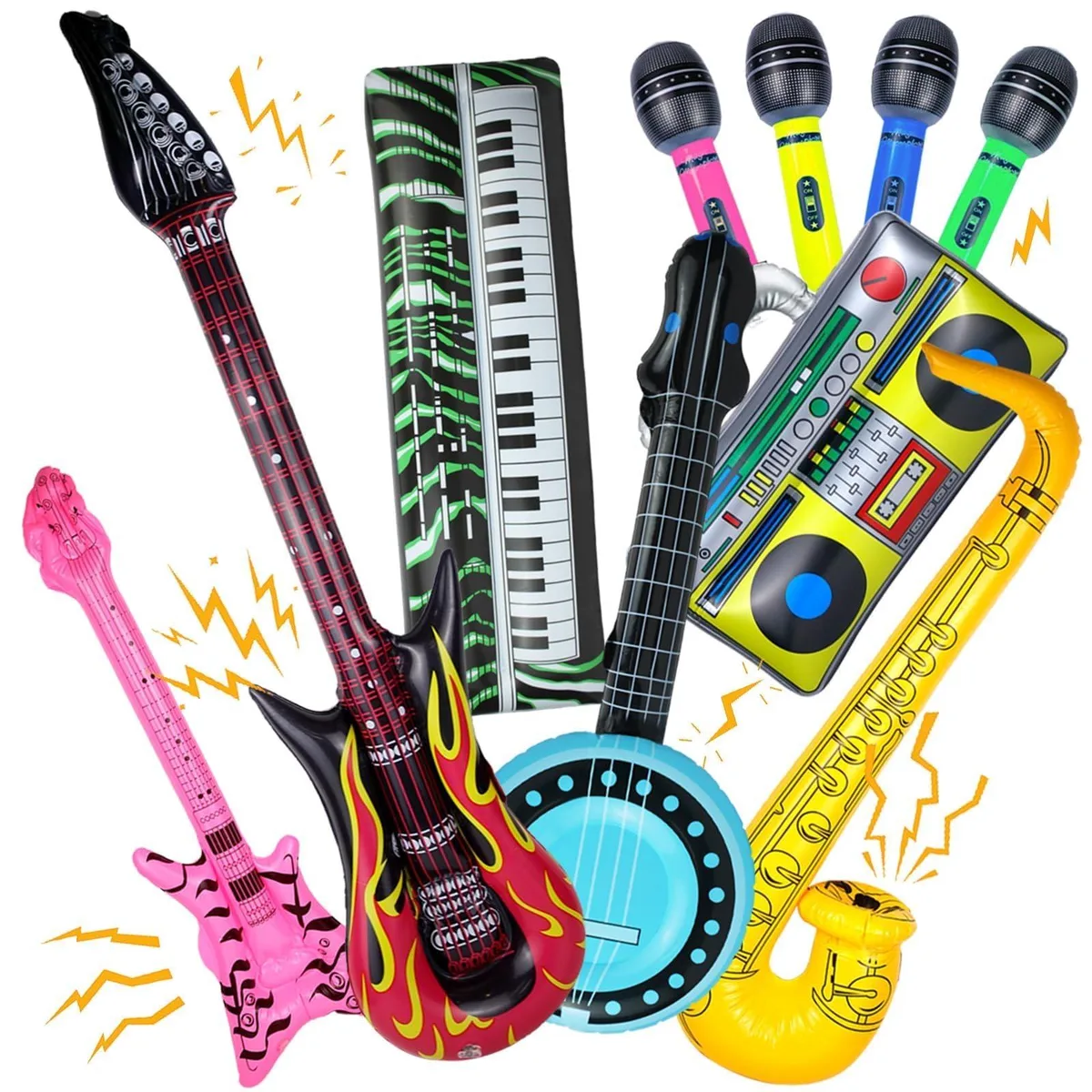 Ten multicoloured inflatable instruments including guitars, microphones, saxophone, bass and piano on a light background