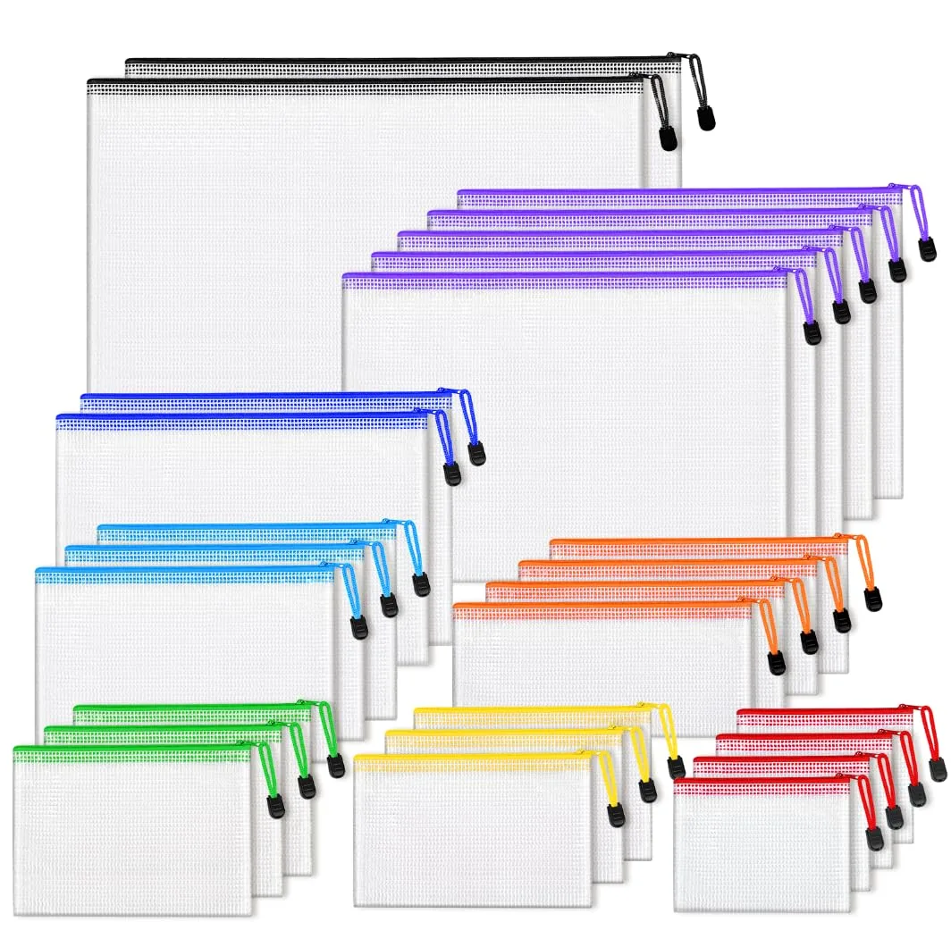 Set of 26 multicolour PVC zipper pouches in eight sizes, translucent with metal zips