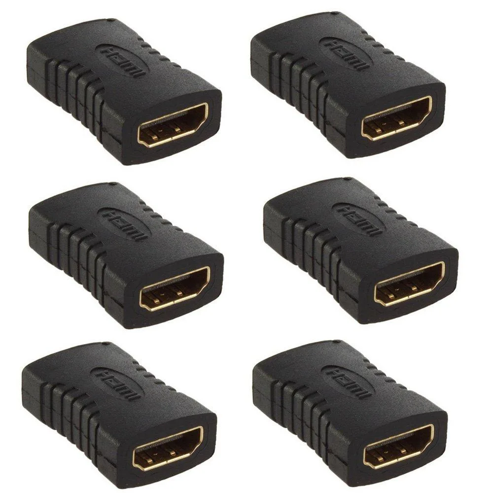 Six black HDMI female-to-female couplers with gold-plated ports