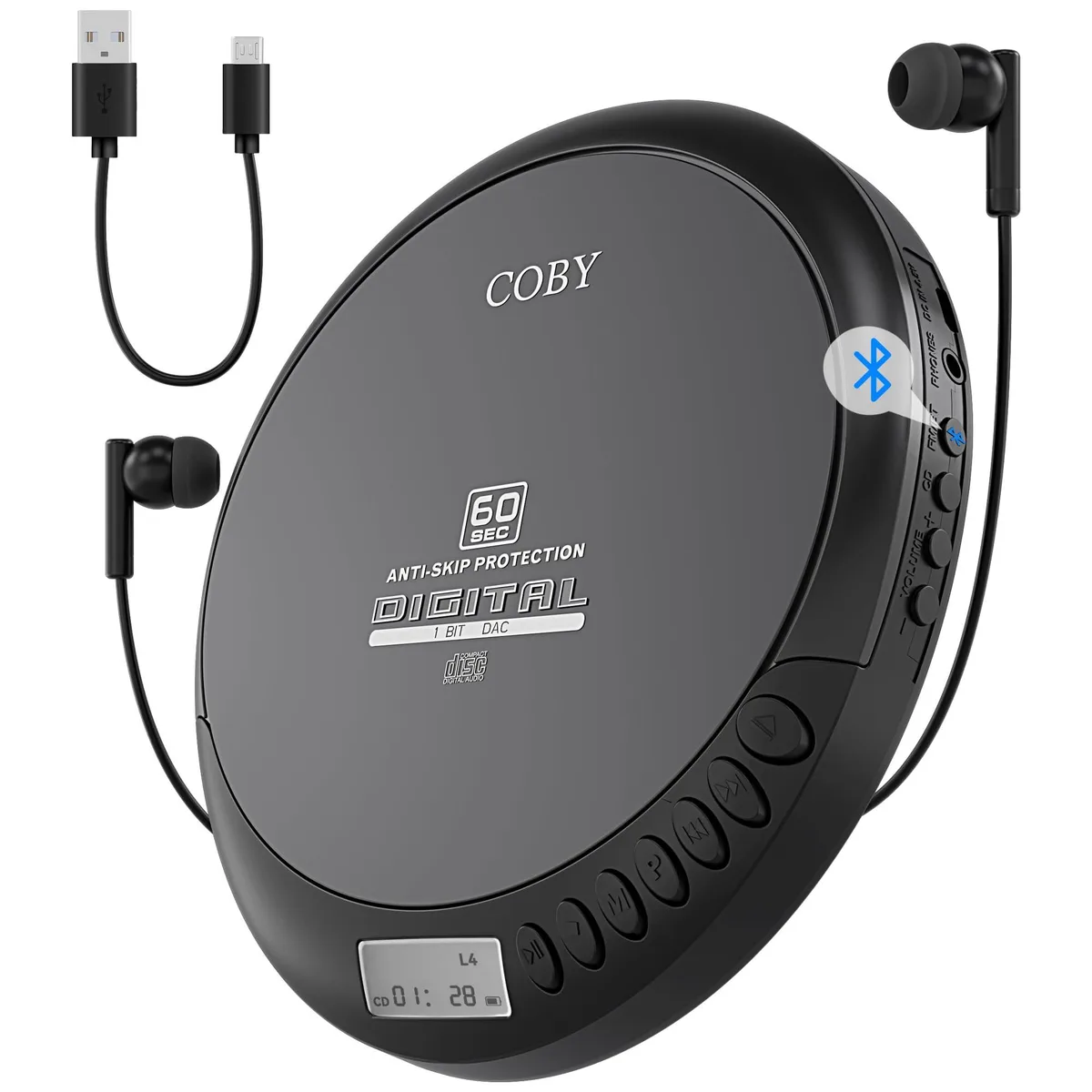 Black rectangular portable CD player with silver disc tray, LCD screen, and control buttons