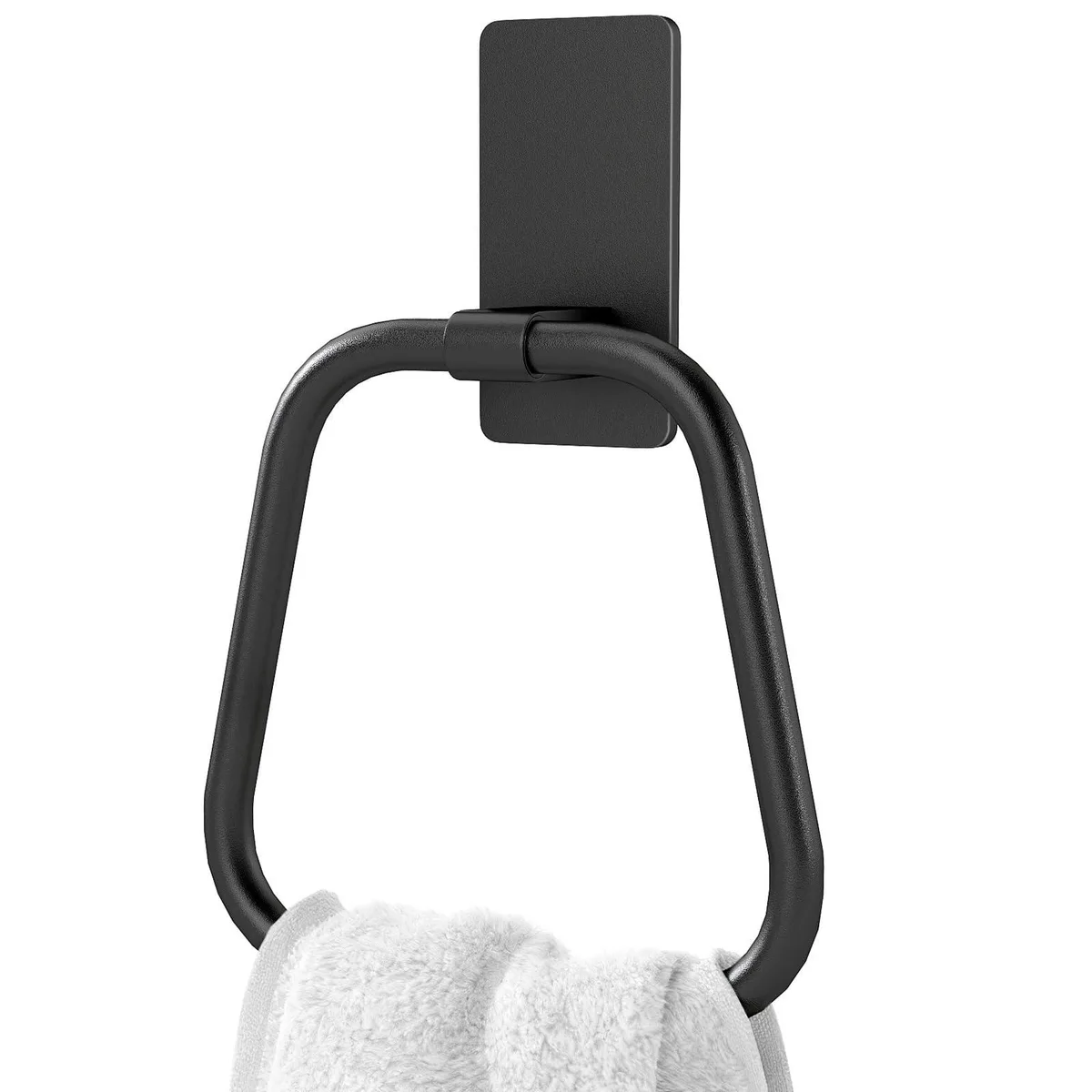 Matte black aluminum towel ring, trapezoidal shape, adhesive mount