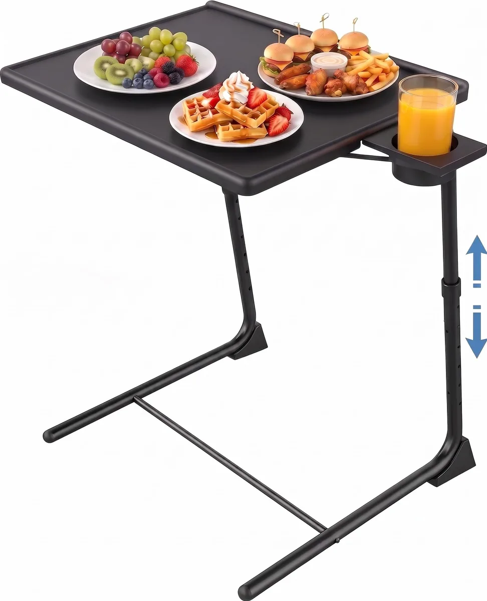 Black adjustable TV tray table with metal frame, tiltable top and cup holder