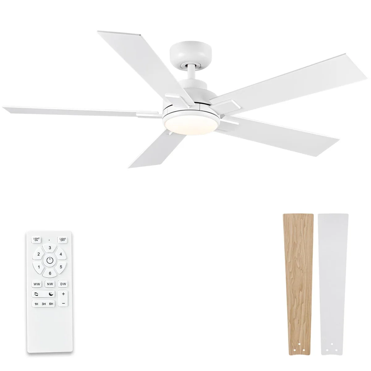 Black 52-inch ceiling fan with integrated LED light kit and remote control