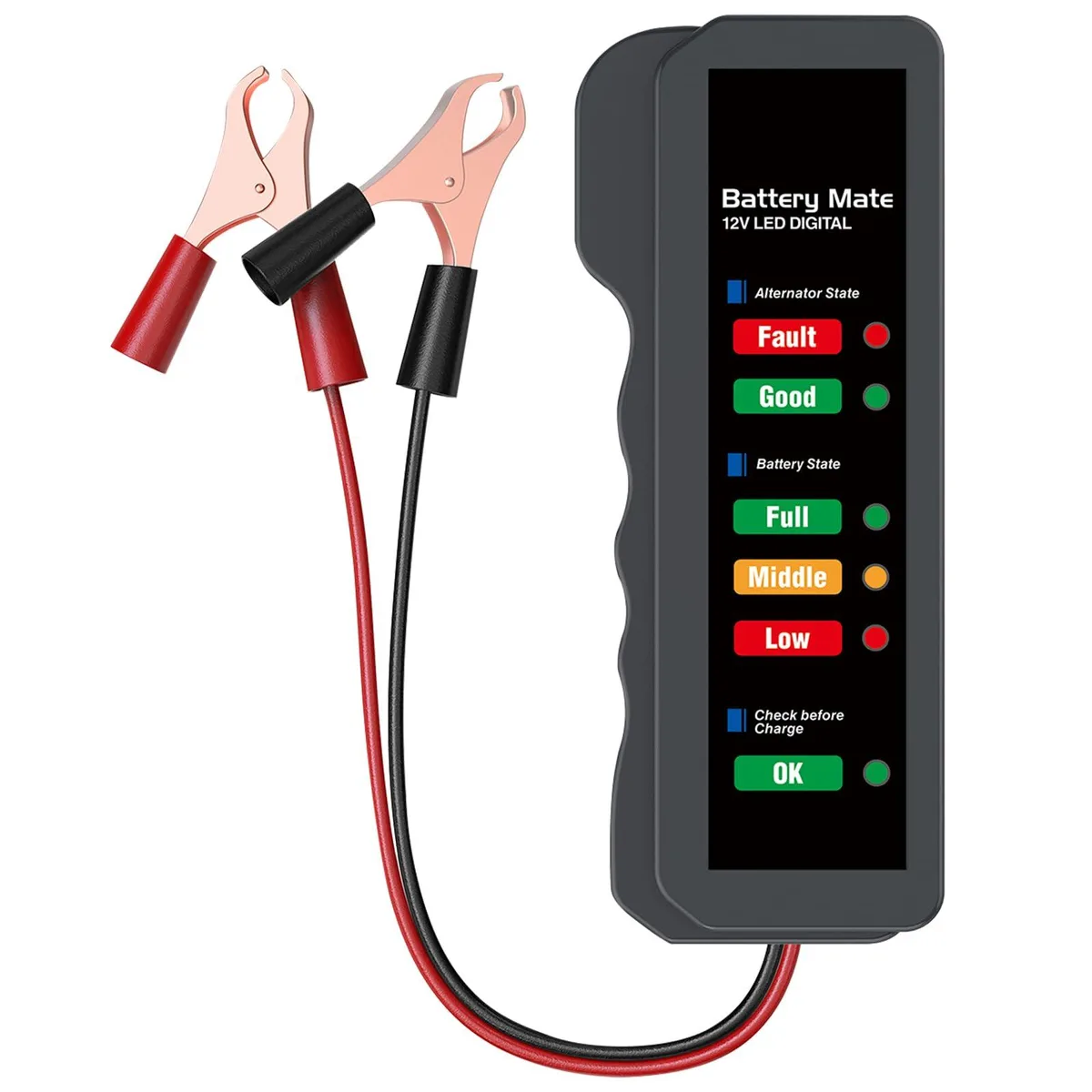 Handheld 12V battery tester with six LED status lights
