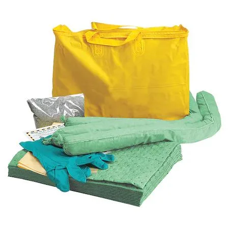 Yellow bag spill kit, 20 by 16 by 4 inches, with pads, socks, granular sorbent, gloves, disposal bag, instructions