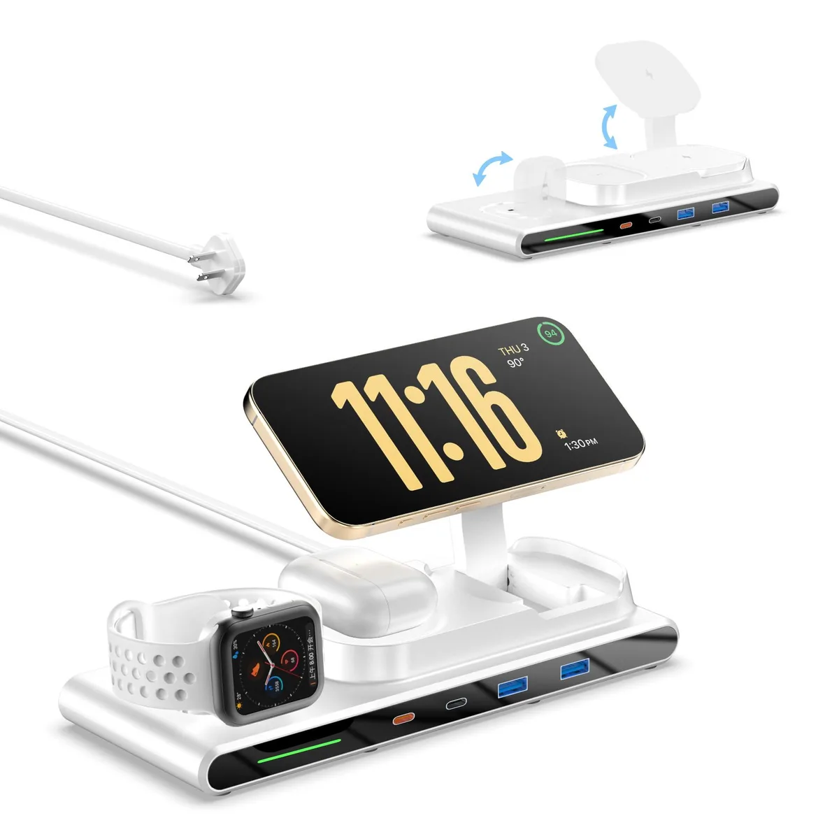 Acozvin WX1 7-in-1 Wireless Charging Station PD65W USB-C 4 USB Ports Foldable Magnetic Stand White — product photo