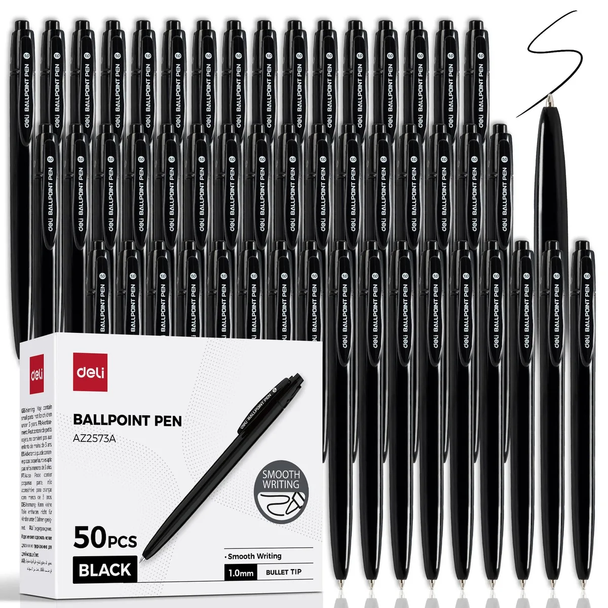 Box of fifty black retractable ballpoint pens 1.0 mm tip