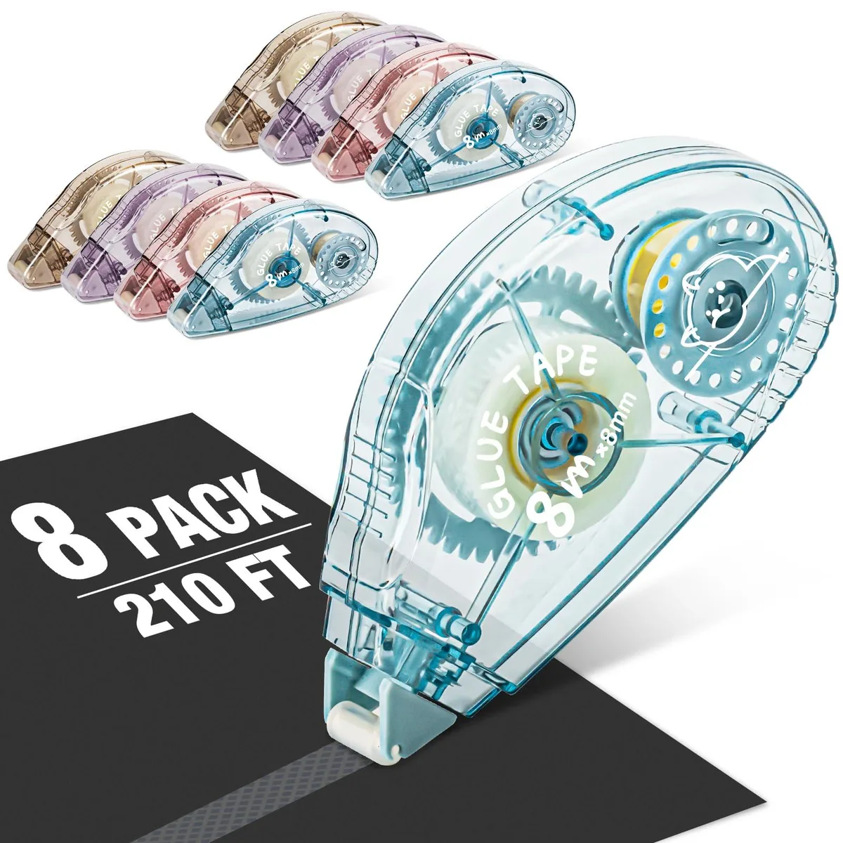 Eight transparent plastic double-sided tape rollers in a pack