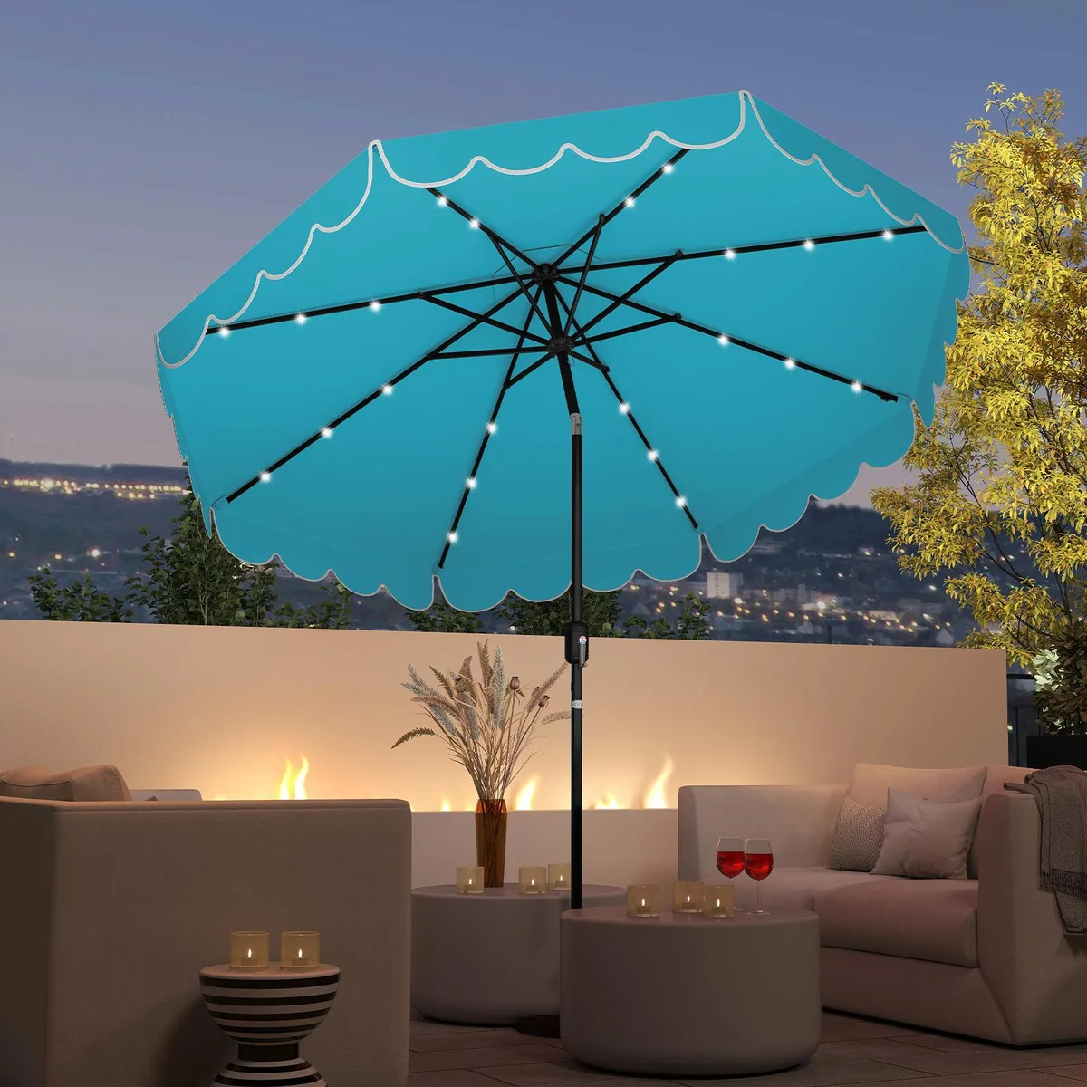 Turquoise 9.3 ft solar patio umbrella with 24 LED lights and vented canopy