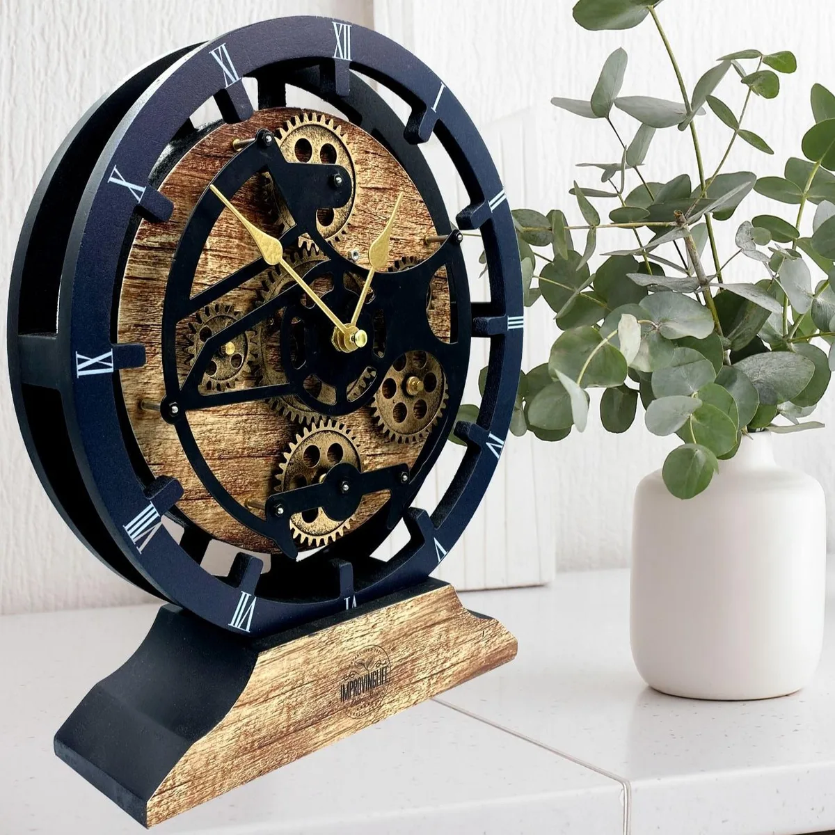 The Gears Clock The Gears Clock CABADA LINE 10 Inch Round Convertible Desk-Wall Clock Vintage Brown — product photo